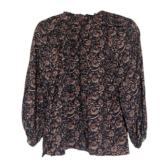 Faherty Portia Artisan Block Print 3/4 Sleeve Blouse Top Navy Tan Size M - Picture 4 of 8